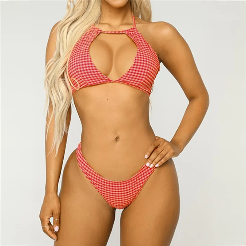 Женский комплект бикини на завязках в клетку купальный костюм из двух предметов