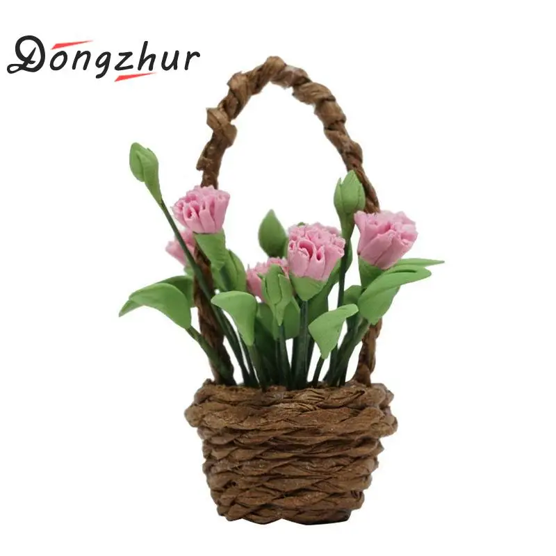 Dongzhur милый розовый цветок гвоздики миниатюрная корзина 1:12 кукольный домик цветок-украшение DIY Кукольный дом аксессуары для сада мини модель глины