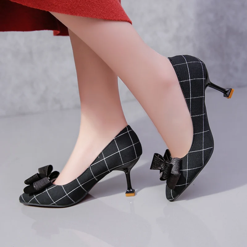 Сезон весна осень женские туфли лодочки на тонком каблуке модельные с бантом