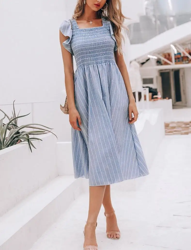 Vintage striped women long dress Ruffle linen blue elegant summer 2019 Casual cotton fashion female beach vestidos | Женская одежда