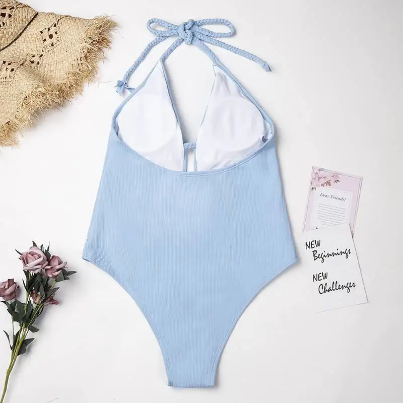 

Blue One Piece Swimsuit Women Sexy Deep V Neck Bandage Swimwear Female Push Up Swim Bathing Suit Women Brazilian Beach Wear 2018