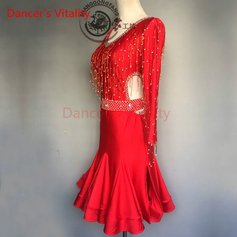 

Dancer's Vitality New Brand Double V Collar Long Sleeves Lotus Side Latin Dance Dress Women Salsa Samba Dancing Dress For Kids