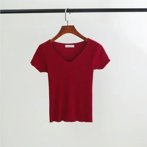 red V Новая Летняя женская футболка, Модная трикотажная футболка с коротким рукавом, топ с круглым вырезом, Женская Повседневная футболка - Цвет: red V