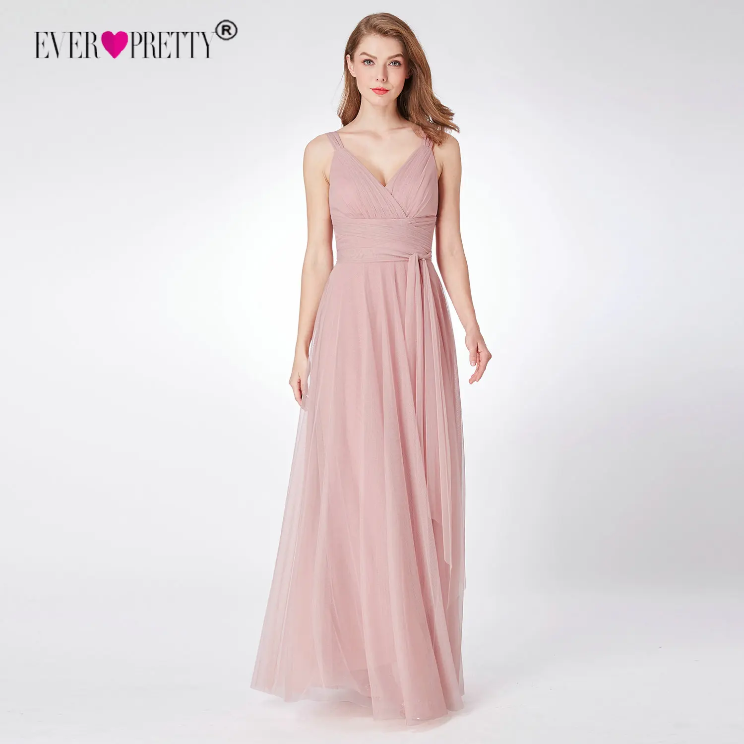 Blush Pink Длинные платья для выпускного Ever Pretty, платья из тюля с V-образным вырезом, без рукавов, трапециевидного силуэта, сине-зеленого, розового цвета, EP07303, весна-лето - Цвет: Blush Pink