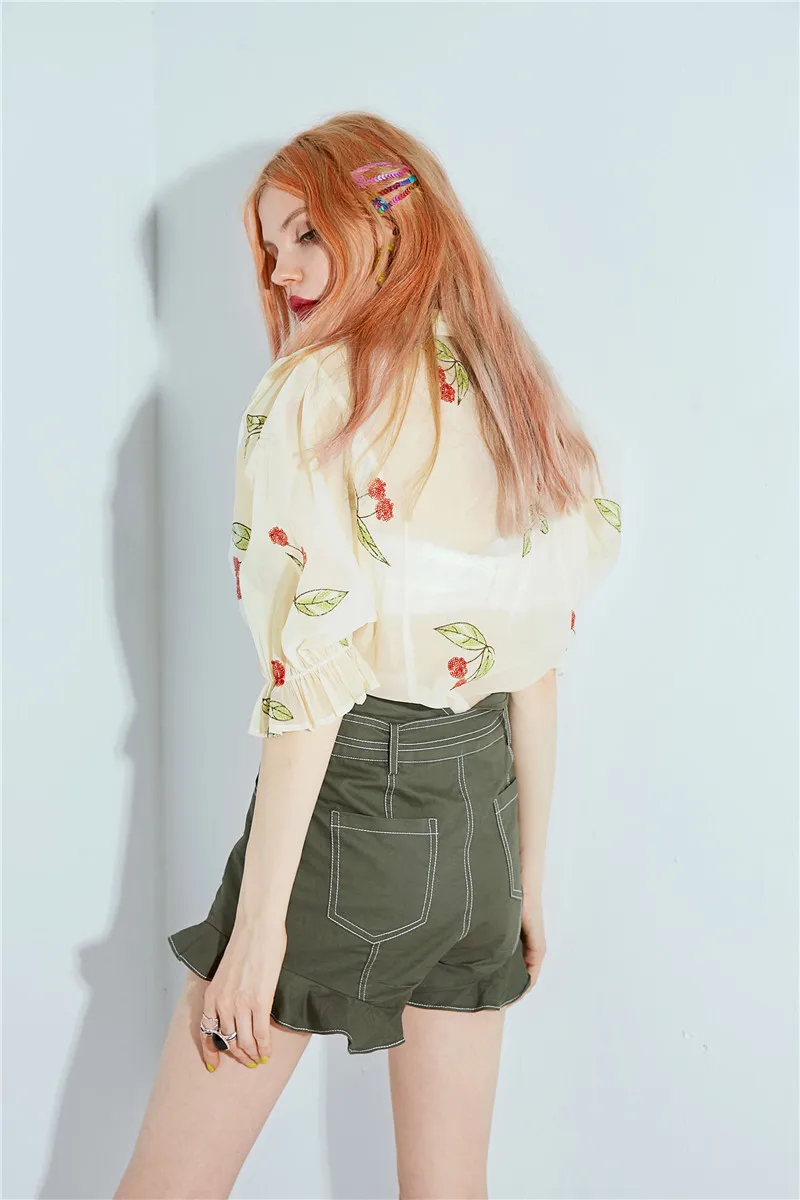 Женская винтажная рубашка с блестками ELF SACK, Милая бежевая блузка с блестками в виде вишен, модная летний топ на каждый день, одежда для деловой женщины г