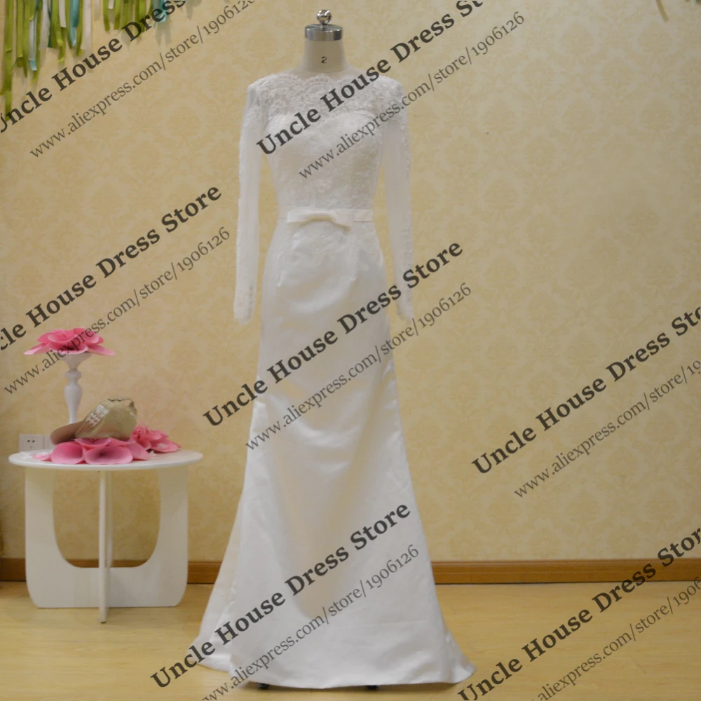 Sposa Abito Mermaid Шнурка С Длинным Рукавом Свадебные Платья Со Съемной Поезд Выкл Белое