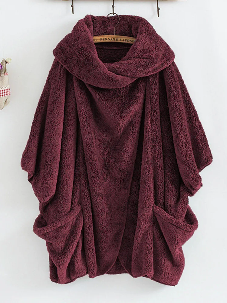 Red XUANSHOW новые модные куртки с высоким воротом одноцветные теплые плюшевые женские топы с рукавами летучая мышь на одной пуговице размера плюс S-XXXL - Цвет: Red