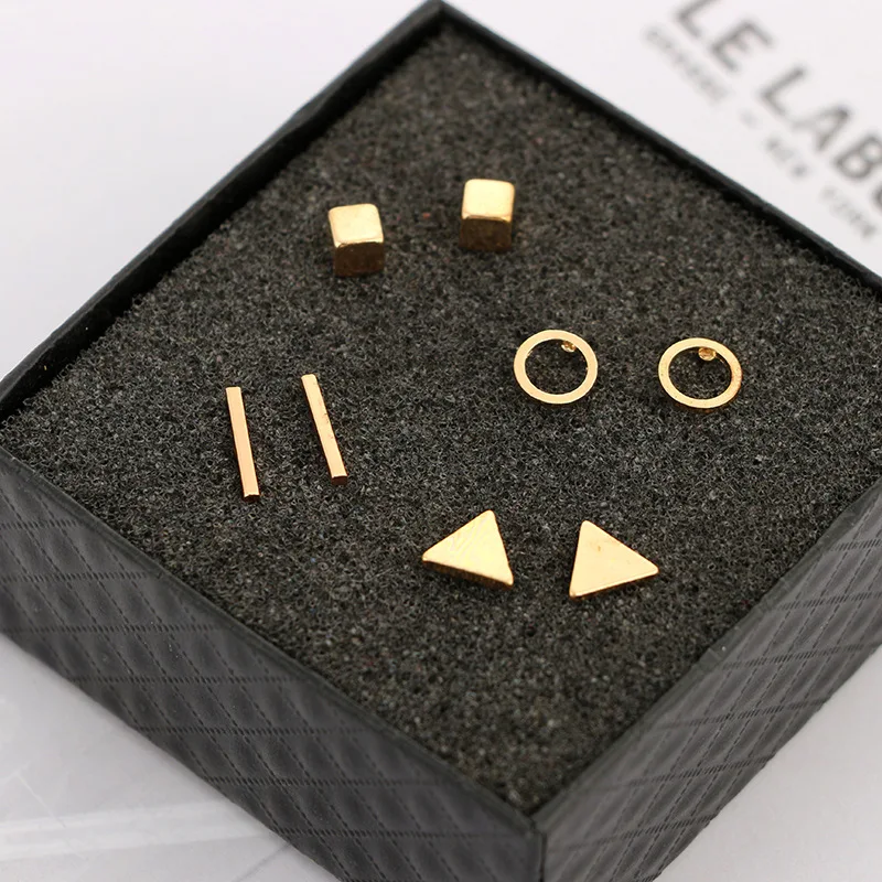 

VIVILADY Fashion 4 Pairs/Set Geometric Stud Earrings Women Black Gold Silver Color Round Triangle Cubic Bar Boho Punk Jewelry