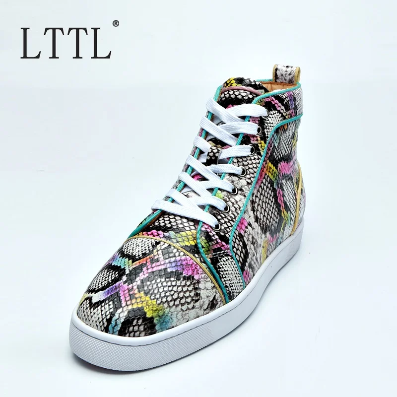 LTTL New Fashion Snakeskin Pattern Leather Shoes Men Handmade Lace-up High Top Sneakers Breathable Casual Autumn Boots | Обувь