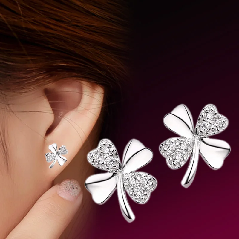 Женские серебряные серьги гвоздики с кристаллами|earring female|clover studsclover stud earrings |