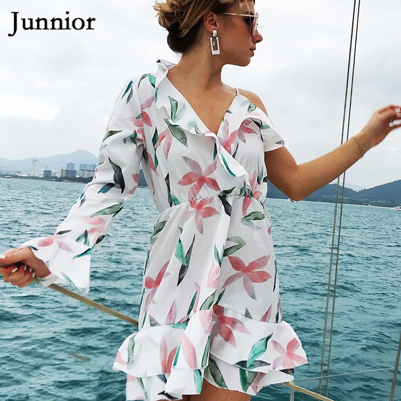 Junnior Asymmetrical Sleeve Chiffon Dress for Women Mini Floral Beach Wear V-neck High Waist Holiday Boho Dresses Modis Mujer | Женская