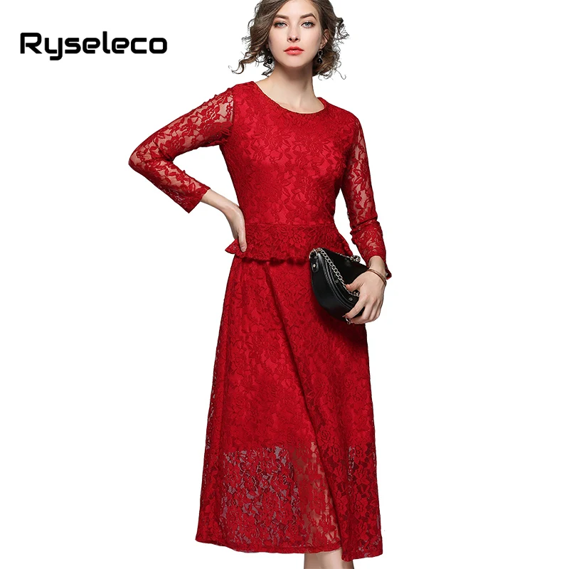 

Ryseleco/осеннее модное платье из 2 предметов, Красное Кружевное лоскутное тонкое женское платье с длинным рукавом, открытое однотонное вечерне...