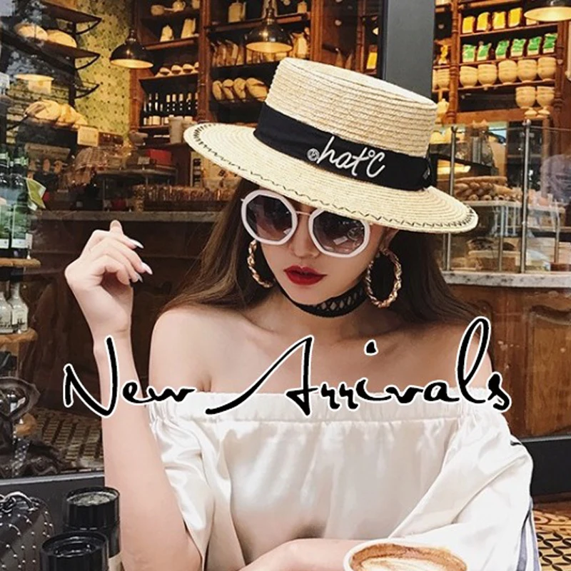 

Flat Top Straw Hat Summer Beach Caps Women Sun Visor Hat with Wide Brim Letter Embroidery Hats Natural Straw Sunhats New YY18060