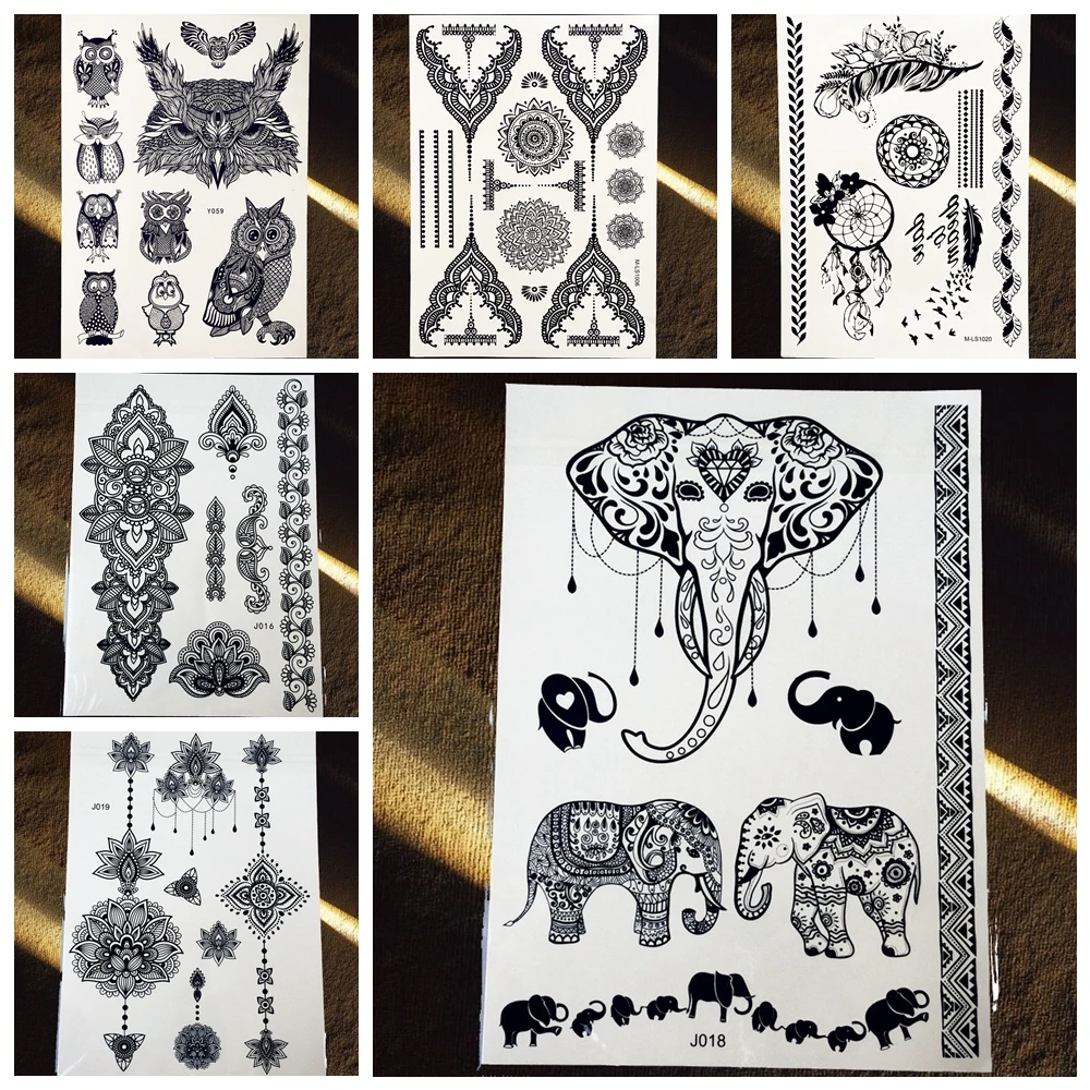 25 стилей горячая Распродажа водонепроницаемые черные хны татуировки Слон Сова