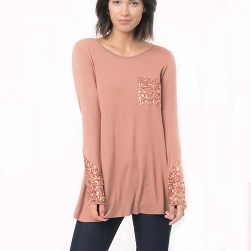 Новые осенние Для женщин карманов блесток футболки Мода хлопок женский с длинным