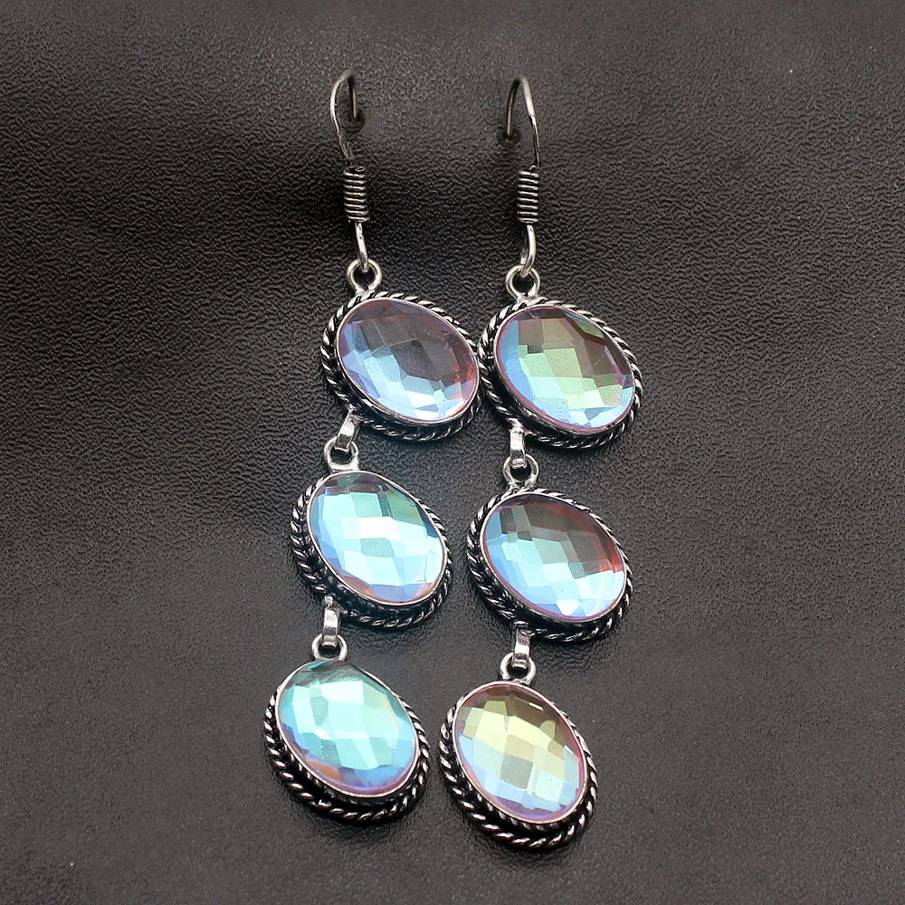 Antique Charms Colorful Shiny Topaz925 Sterling Silver Color Women Dangle Earrings 2 3/4 Inch TF679 Free Shipping | Украшения и