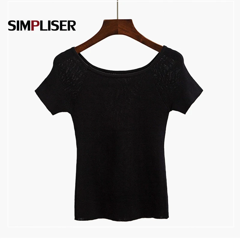 Basic Knitting Tees Women 2019 Summer Off Shoulder Short Sleeve Pullovers Cool Sweaters Striped Femme Pull Black White Stretch | Женская