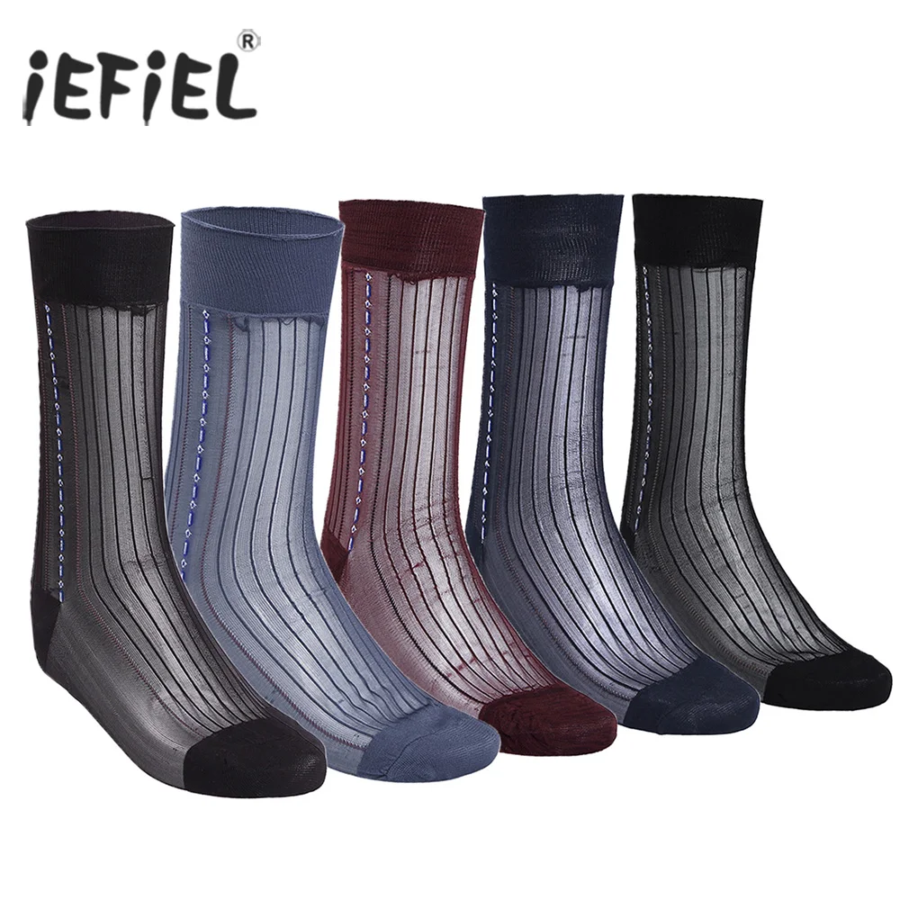 

3 Pairs Black Men Casual Summer Over The Calf Striped Jacquard Sheer Silk Socks Breathable with Striped Jacquard Pattern Socks