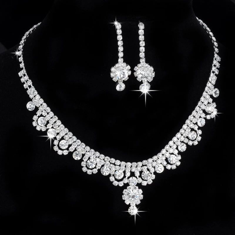 TREAZY New Celebrity Inspired Diamante Crystal Tennis Statement Necklace Earrings Set Wedding Bridal Bridesmaid Jewelry Sets | Украшения и