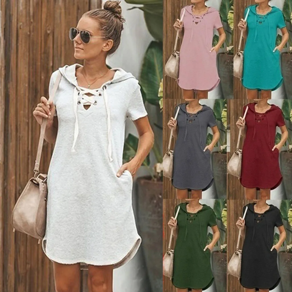 Женские вечерние платье с коротким рукавом худи v образным вырезом Rope Solid color