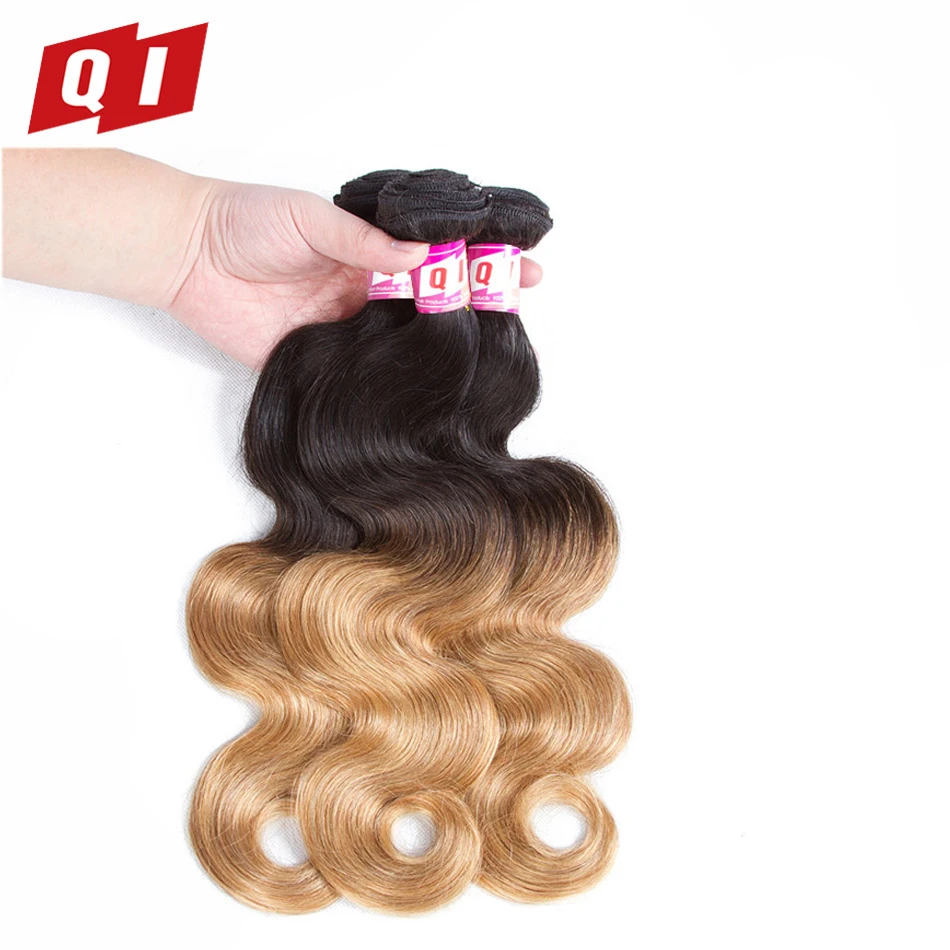 QI Hair Body Wave 100% Malaysian 3 Bundles With 4*4 Lace Closure 4 Pcs/Pack Pre-Colored 1B/27 Human | Шиньоны и парики