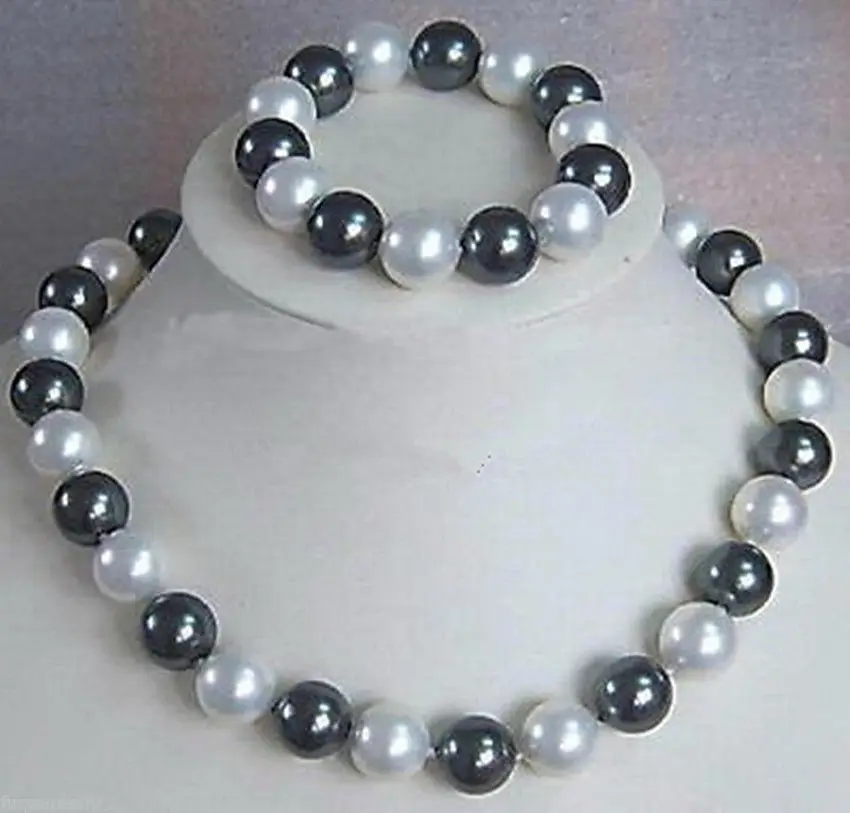 Жемчужное ожерелье + браслет 10 мм черный белый Южное море набор