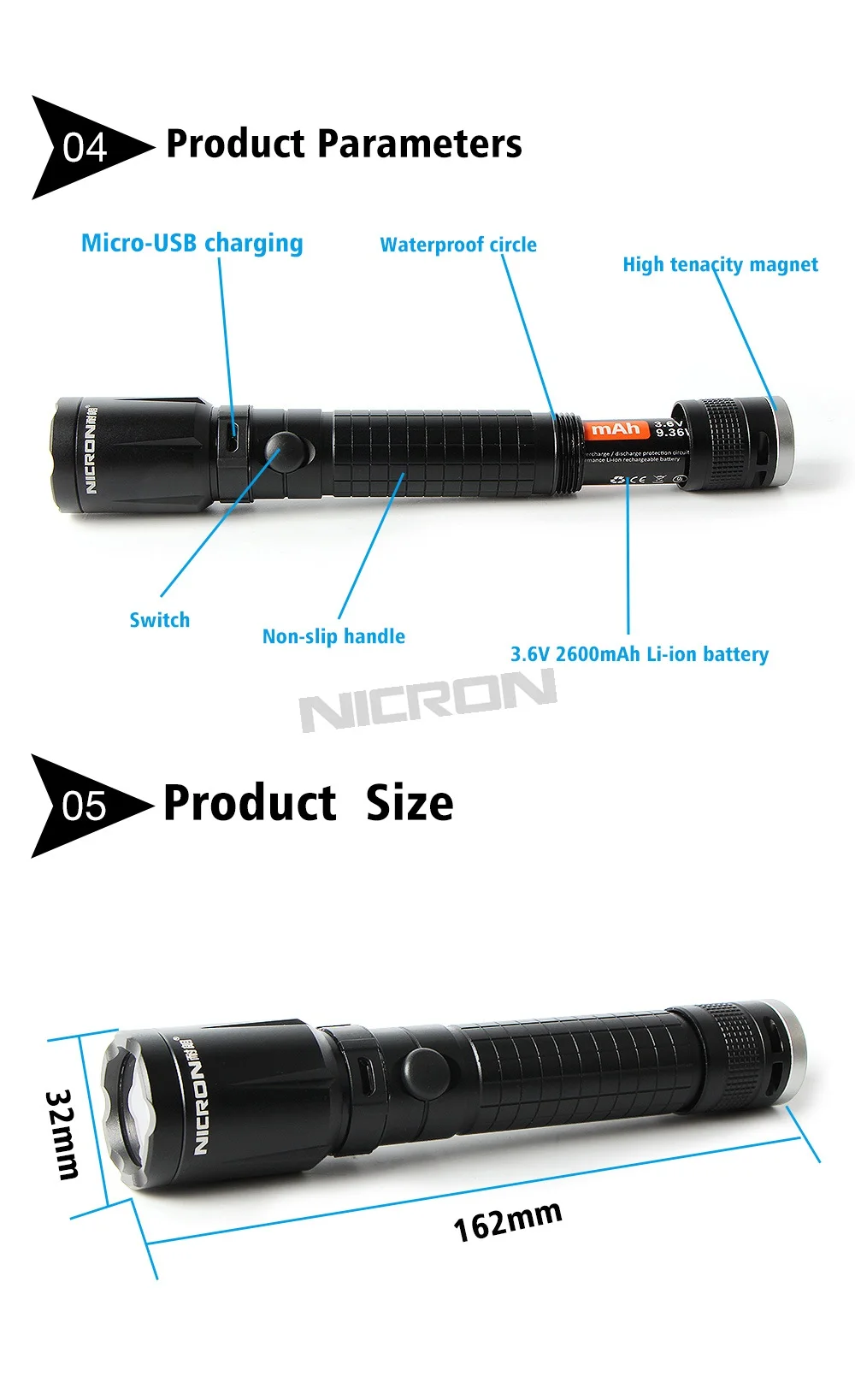 NICRON 5W Zoom usb зарядка алюминиевый фонарик 350LM 2600mAh 18650 литий-ионная аккумуляторная батарея с сильным магнитом хвост N6F