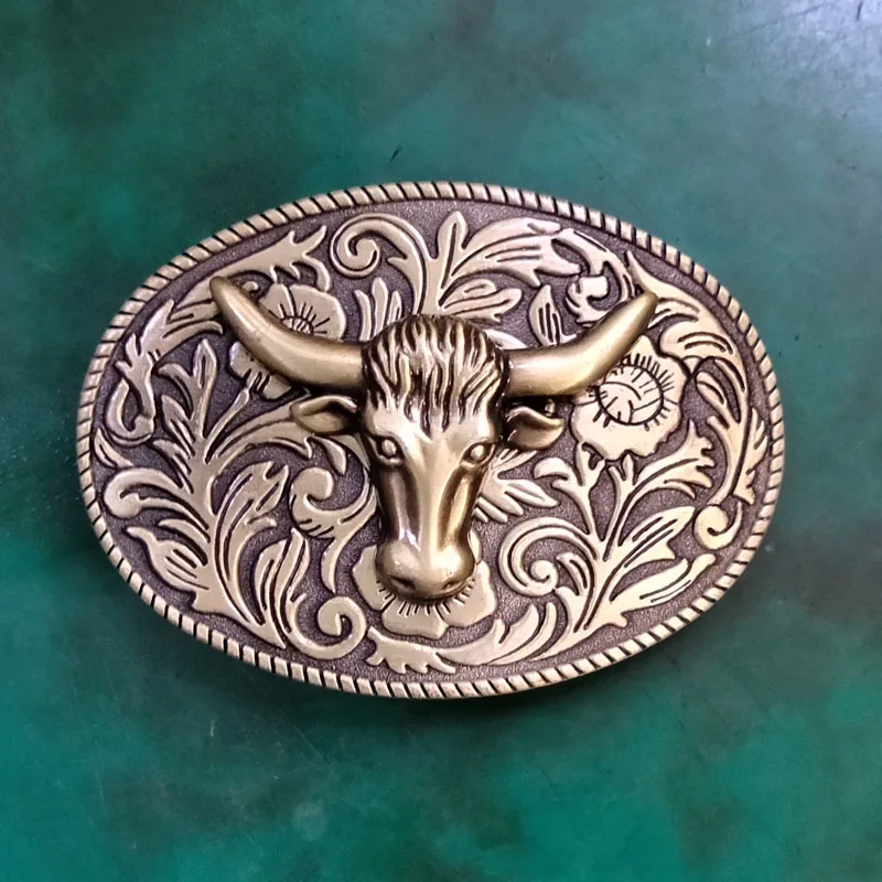 1 шт Бронзовый Цветочный узор голова быка мужской ковбойский ремень с пряжкой |