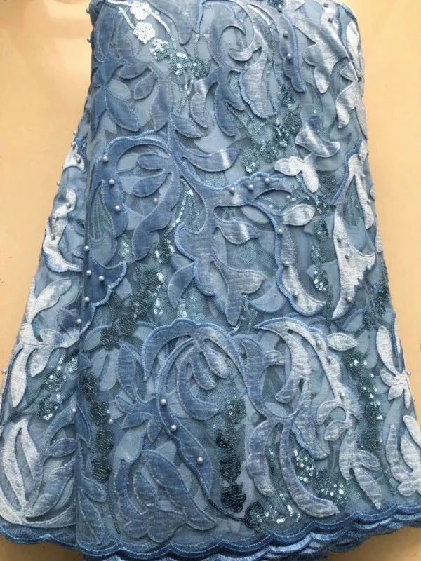 Очень мягкая небесно голубая бархатная новейшая африканская кружевная ткань