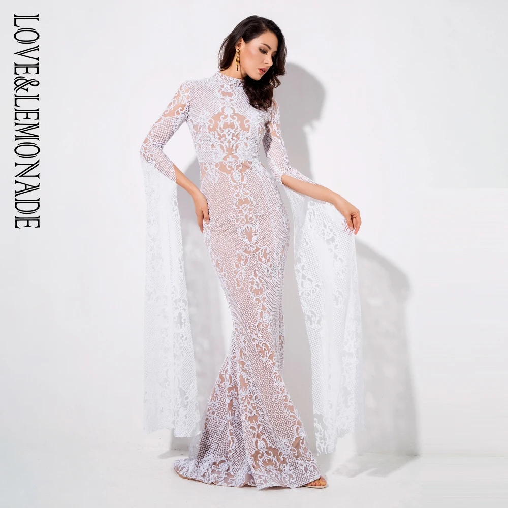 Женское блестящее платье LOVE & LEMONADE белое длинное с геометрическим рисунком