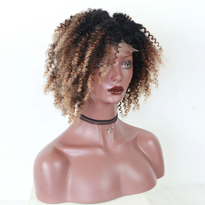 Blonde Afro Kinky Curly Wigs Colorful Ombre Lace Front Closure Wig 4x4 Short Human Hair With Baby Brazilian 150% | Шиньоны и парики