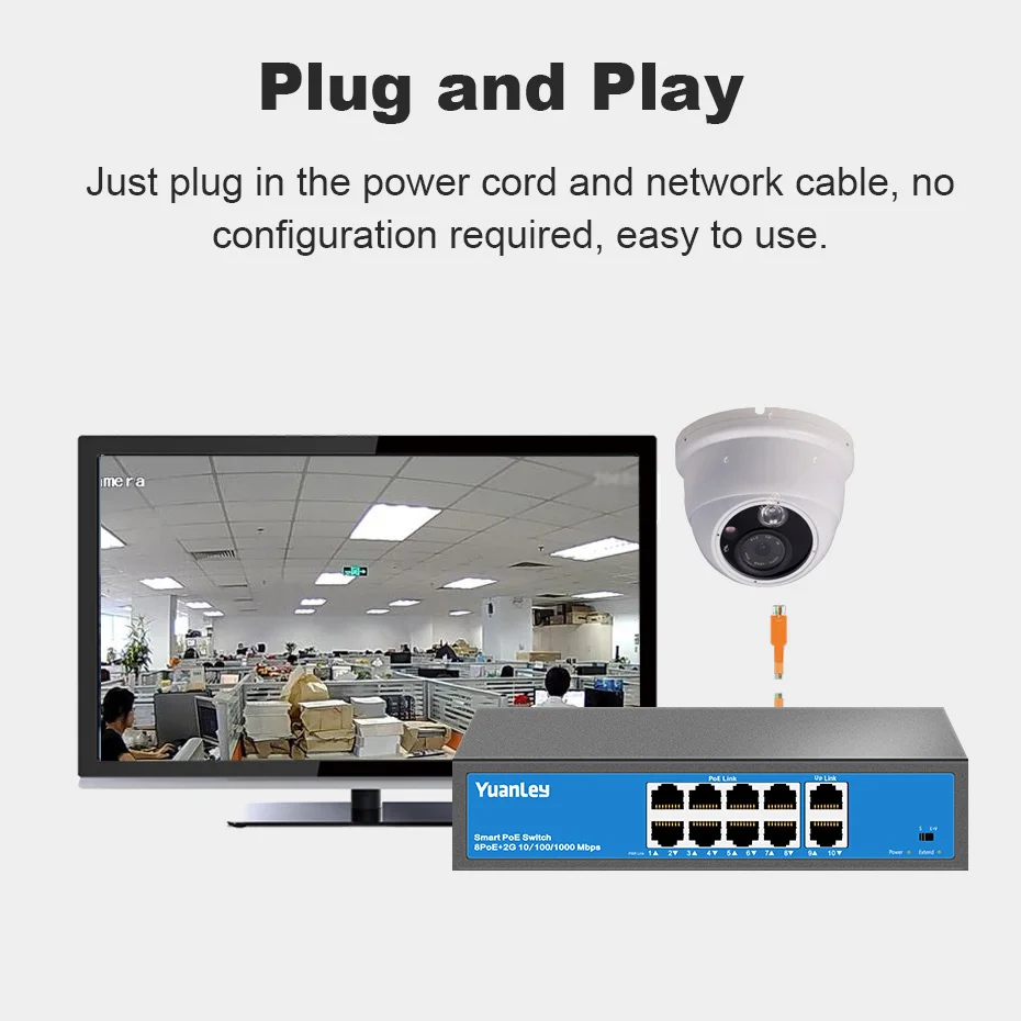 Коммутатор YuanLey с 8 портами PoE, 2 канала связи Gigabit, PoE Plus 802.3af/at, встроенная мощность 120 Вт, Vlan до 250 м, металлический разъем Plug& Play Networ
