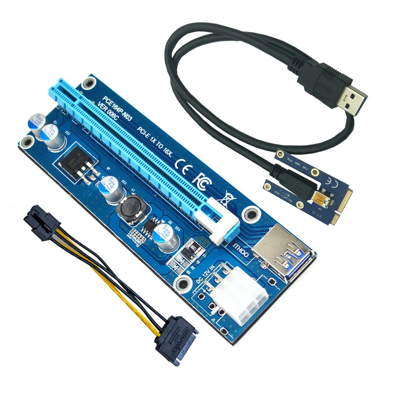 Синий Мини PCI-E для PCI Express удлинитель Riser Card PCIE 1x до 16x слот USB3.0 кабель для передачи данных SATA до 6Pin источник питания для майнинга биткоина - Цвет: Синий