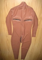 nature handmade glued latex brown catsuit with breat zipper real photo