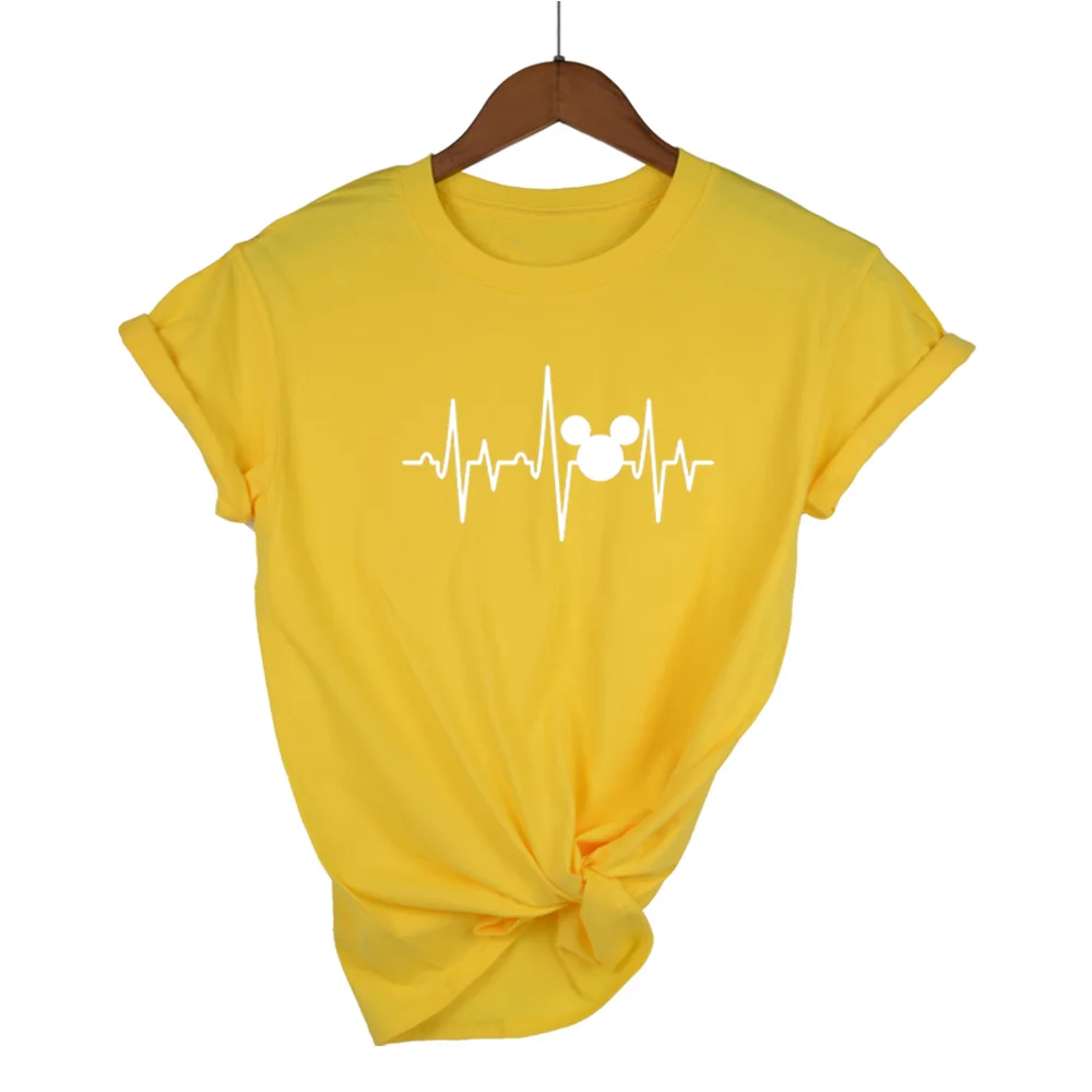Yellow-W Футболка размера плюс из хлопчатобумажной ткани, раздел-футболки Для женщин футболки летние топы принтовые тройники Для женщин забавные сердцебиение Очаровательная футболка с XS-XL - Цвет: Yellow-W