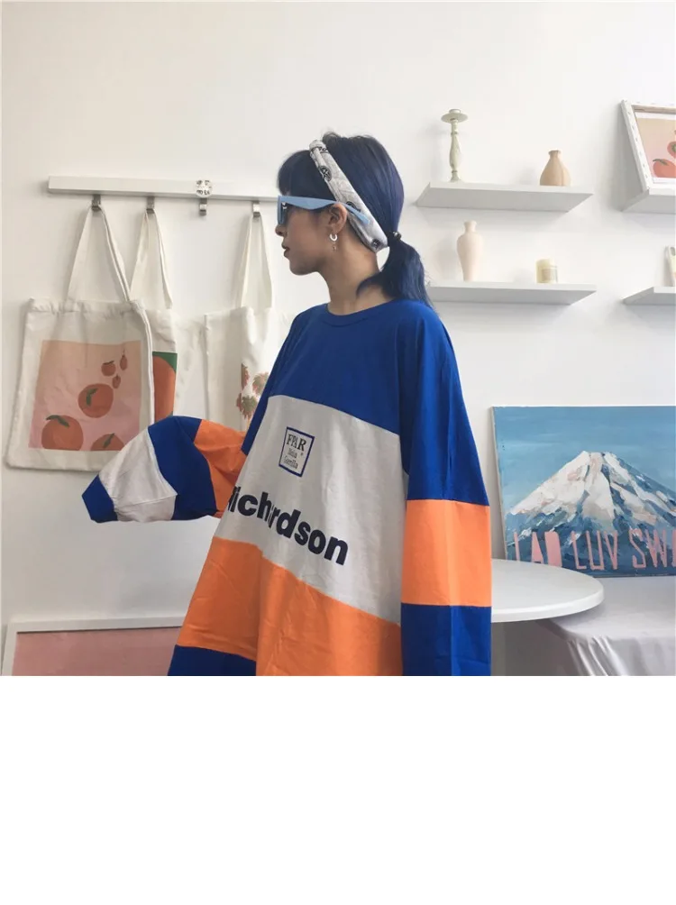 Camisetas Mujer; осенняя одежда в Корейском стиле; Ulzzang Harajuku; Лоскутная футболка с буквенным принтом и длинными рукавами для женщин; футболки для девочек