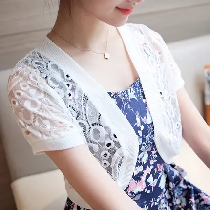 white 02 Летняя вышитая сетчатая вязаная кружевная куртка, украшенная накидкой, короткий рукав, v-образный вырез, женский кардиган, Короткое женское пальто-болеро - Цвет: white 02
