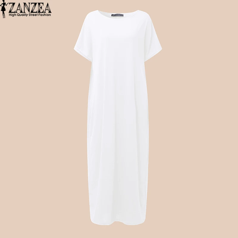 Off White ZANZEA/летние вечерние платья макси с круглым вырезом и коротким рукавом; Женские однотонные повседневные короткие пикантные пляжные туники; мешковатые платья - Цвет: Off White