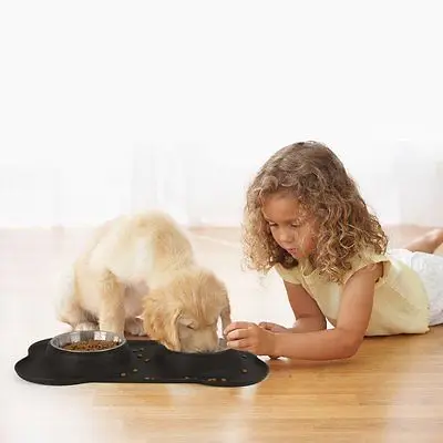 

Stainless Steel Dog Double Bowls Bone No Spill Silicone Pet Water Food Feeder