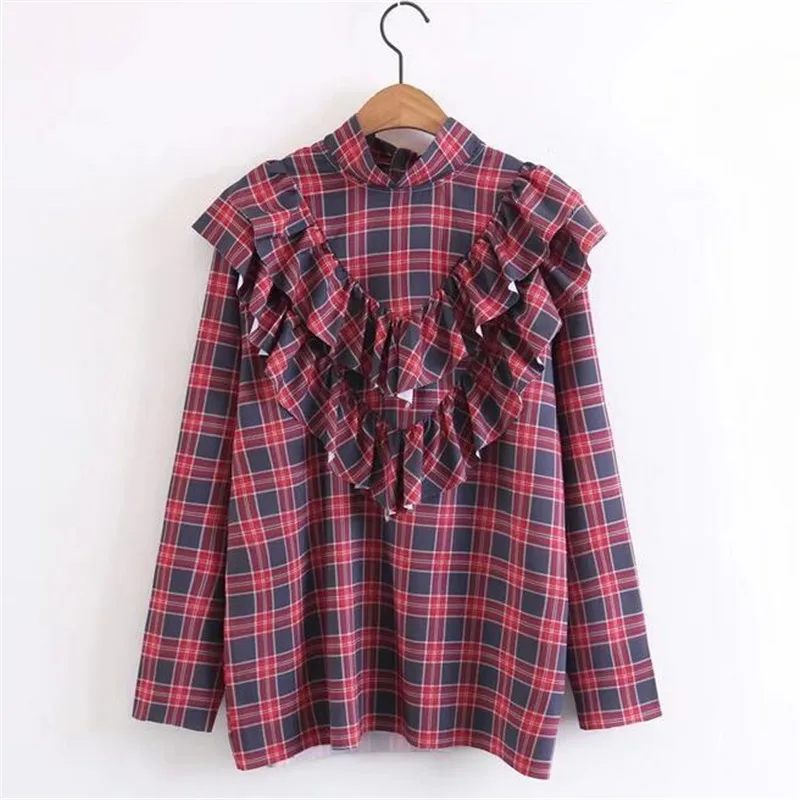 Винтажная клетчатая блузка женские топы оборками слоев плеча воротник-стойка