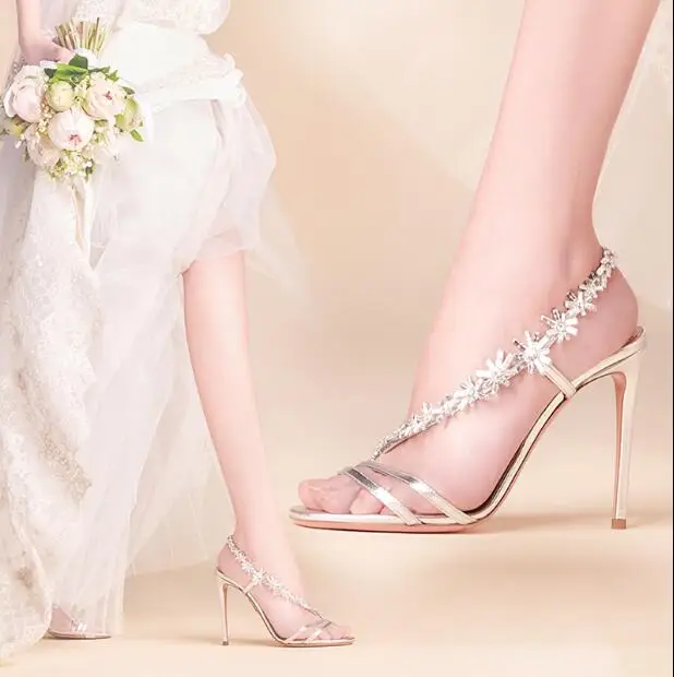 Bling Шикарный цветок со стразами один ремень Высокий каблук сандалии элегантные женские высокий каблук кристалл высокий каблук свадебные сандалии невесты сандалии