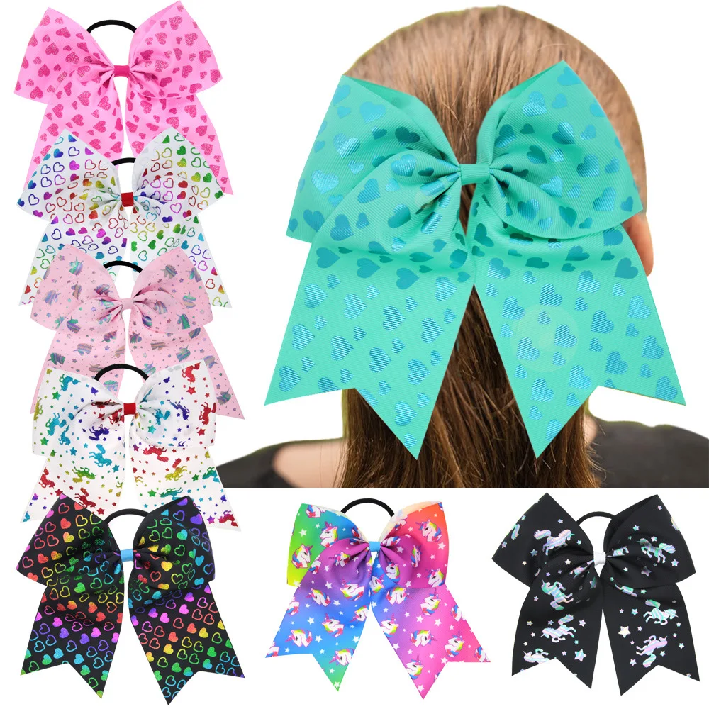 

New Unicorn Horn Elastic Hair Bands Girls Fashion Ribbon Bow Hair Rope Children Heart Cheer Bow Rubber Band Headwear