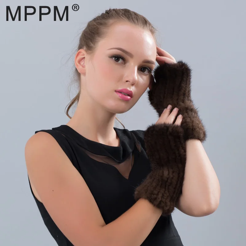 Женские вязаные варежки из натурального меха норки высокоэластичные женские