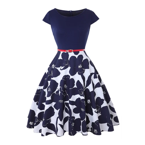Blue White MISSJOY 4XL Большой летнее платье размер платье винтажное элегантное платье с коротким рукавом лимонный цветочный принт модные платья мода ретро платье хлопок женские платья women dress - Цвет: Blue White