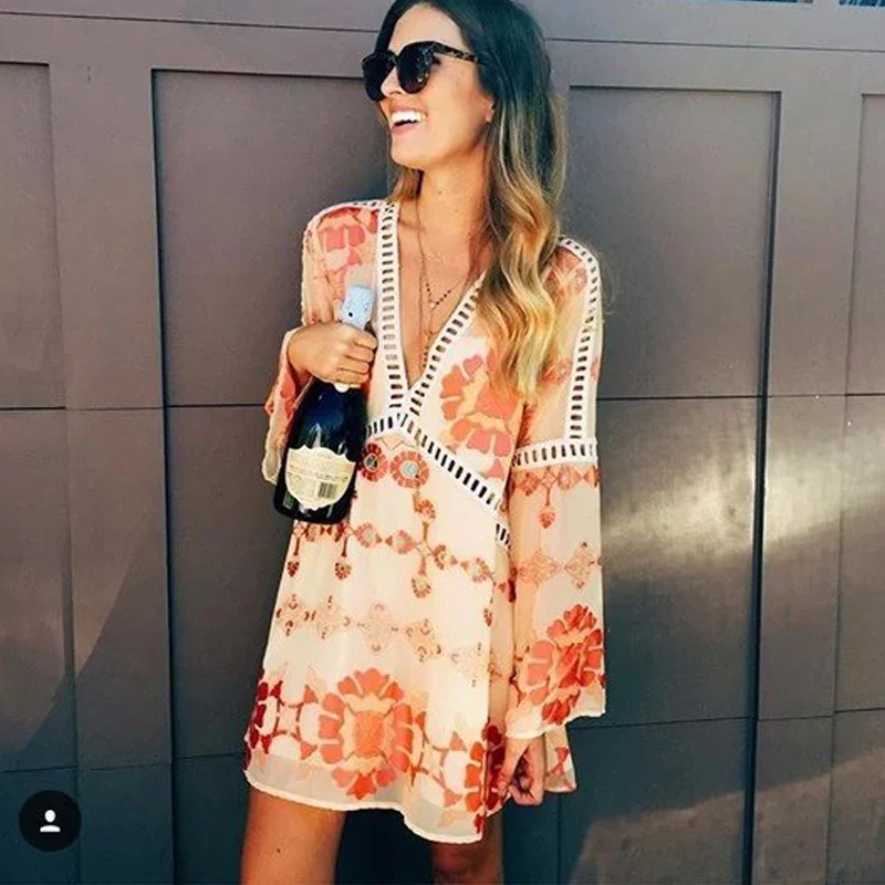 Women Dresses Beach Fashion Pareo Print Swimsuit Cover ups Sexy Hollow Out Tunic Bikini Covers Robe De Plage Wear |