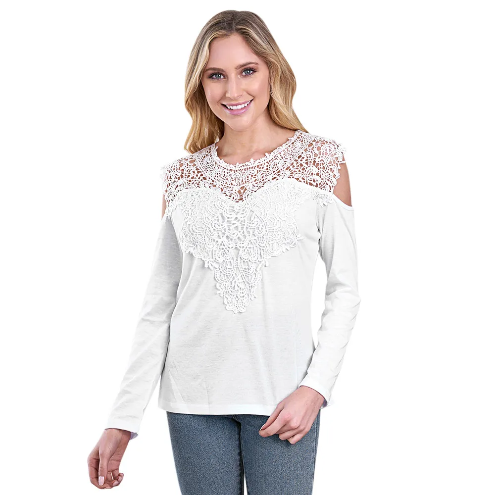 Сращены Кружевная футболка круглый вырез горловины Long Sleeve Cold Shoulder одноцветное