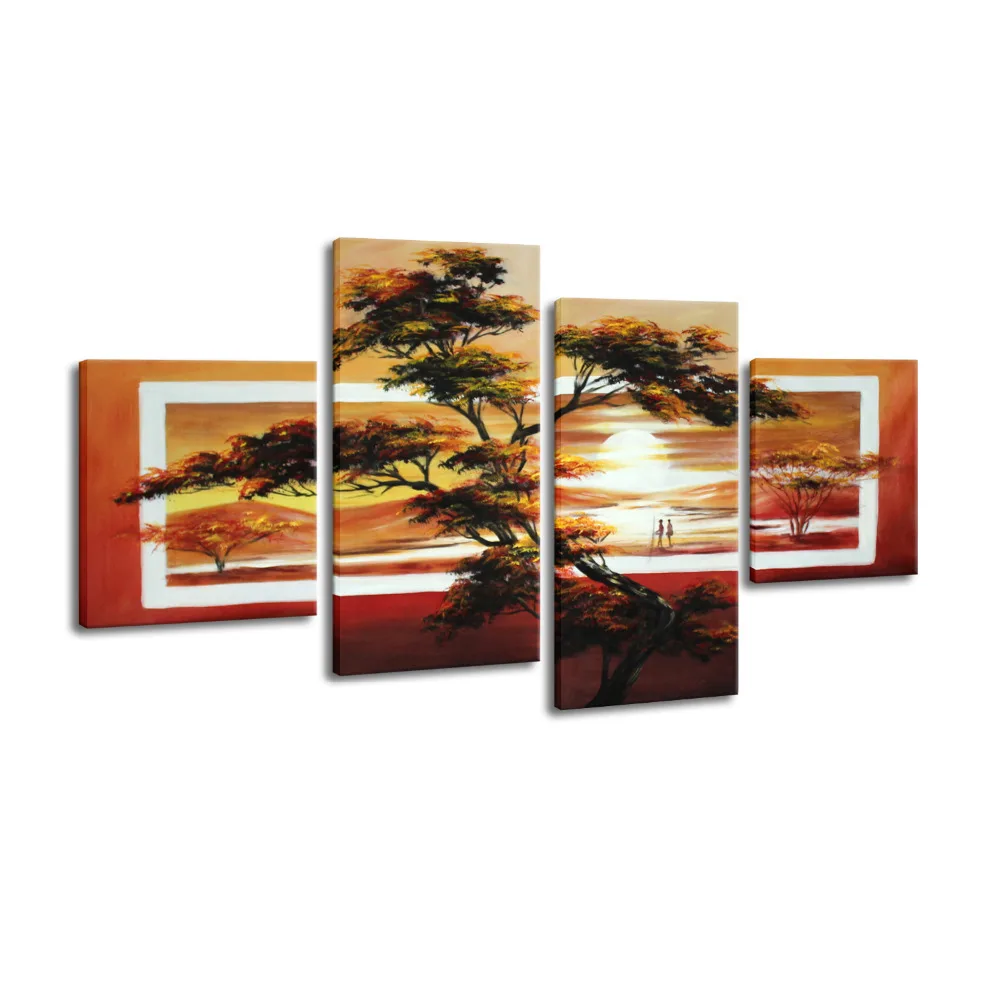 Hand Painted Modern Home Decoration Group Oil Painting African Landscape 4 Piece Canvas Wall Art Free Shipping | Дом и сад