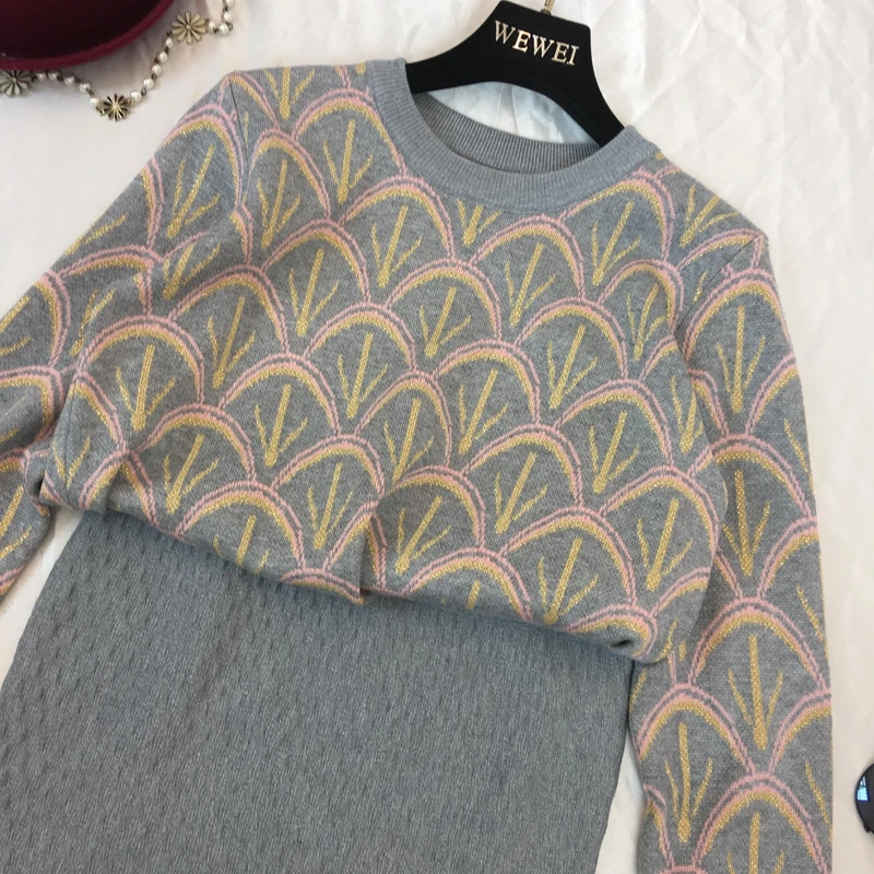 ALPHALMODA осень-зима с рисунком вязаный свитер+ юбка русалки женский комплект одежды из 2 предметов OL Повседневный вязаный костюм с юбкой
