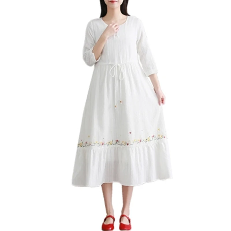 2018 летние однотонные винтажные платья из хлопка и льна с вышивкой три четверти