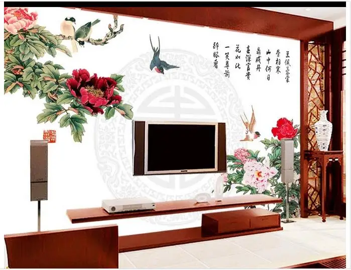 Пользовательские 3d ТВ обои и фоны фрески пион китайский установка для гостиной |